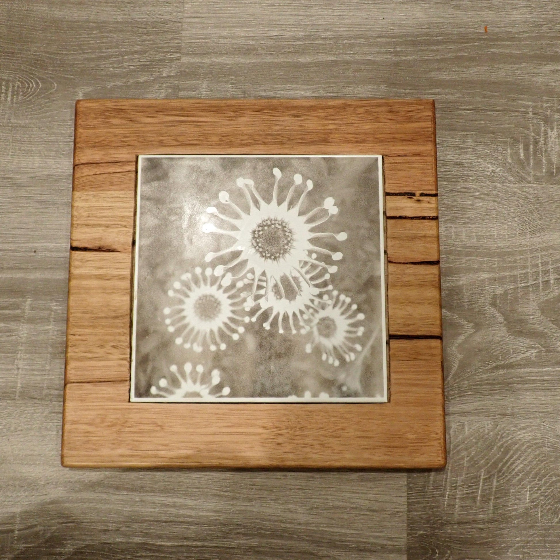 Tile and Timber Heat Pad - African Daisy 'Spider White' On Tasmanian Oak - Burning Man Designs