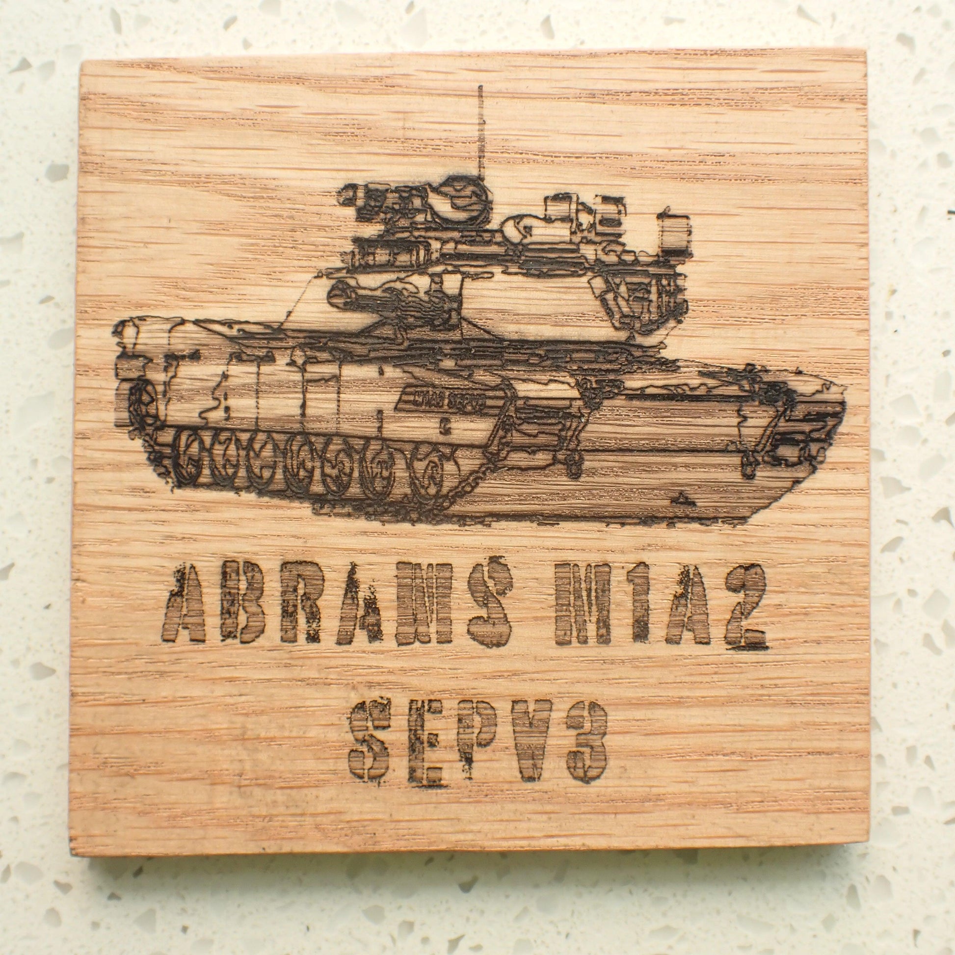 100mm x 100mm Red Oak Coaster - Type M1 Abrams - Burning Man Designs