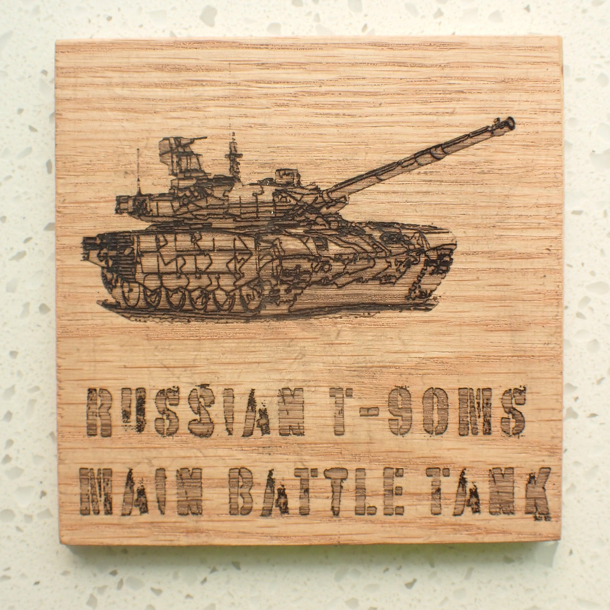 100mm x 100mm Red Oak Coaster - Type T-90 Russian main battle tank - Burning Man Designs