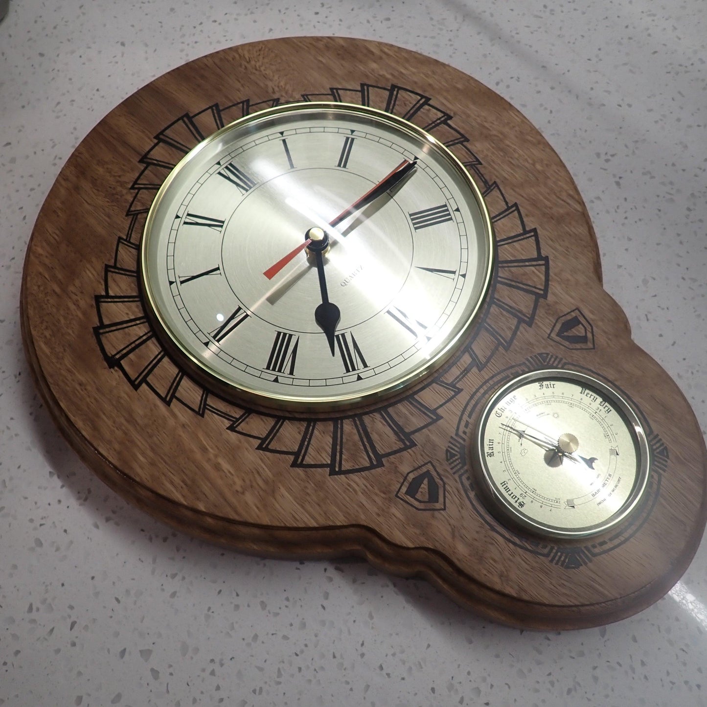 Spotted Gum Wall Clock with Barometer - Burning Man Designs